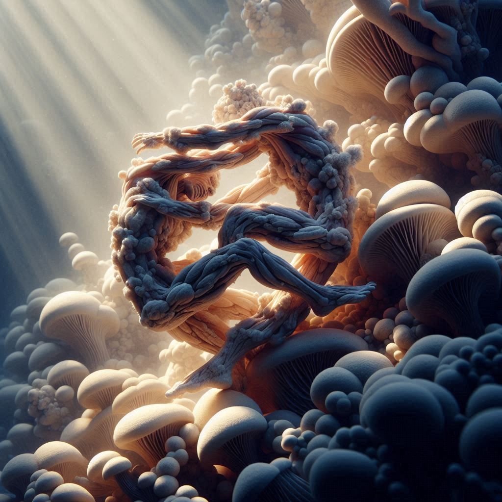 Crazy Mushrooms Wrestling, surrounded by a Labyrinth of light