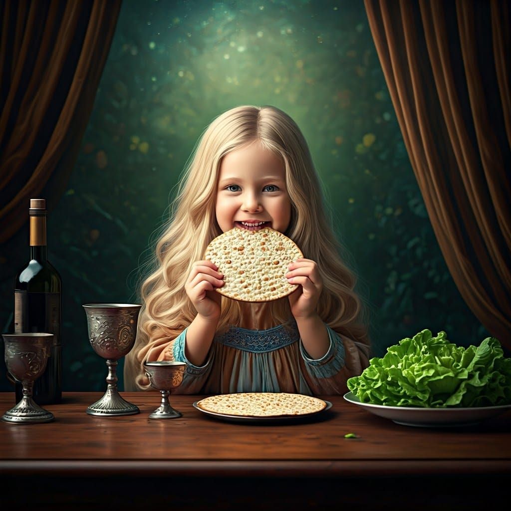 Whimsical Girl Savoring Matzah in a Fantastical Setting