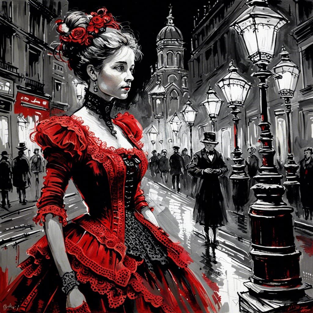 Victorian Women in Red and Black Oil Painting