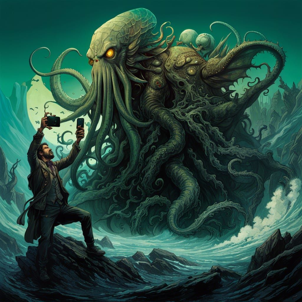 Taking a selfie with Cthulhu  by @WailingSpirit