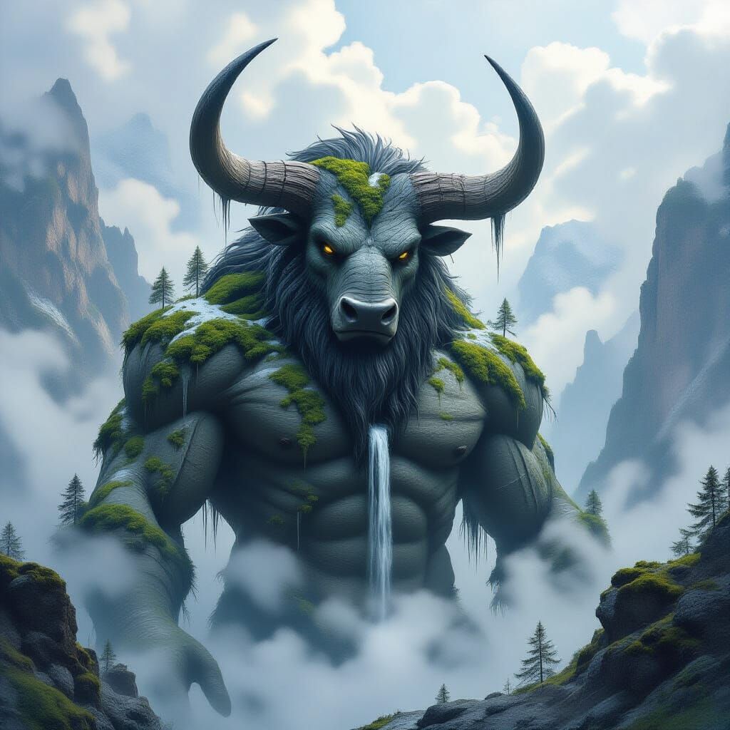 High in a remote mountain valley, a colossal stone minotaur stands frozen in eternity, half-buried in the cliffs and shrouded by drifting cl...