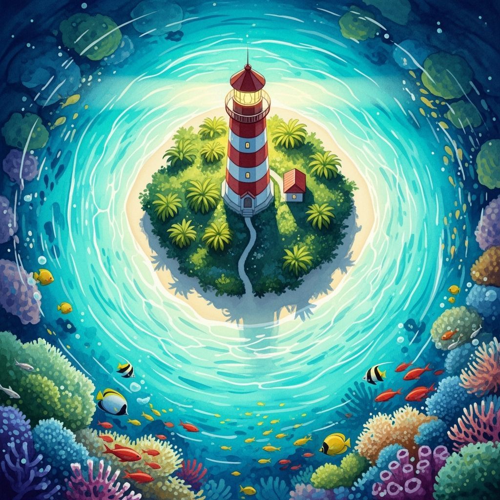 Watercolor Lighthouse on Island with Coral Reefs