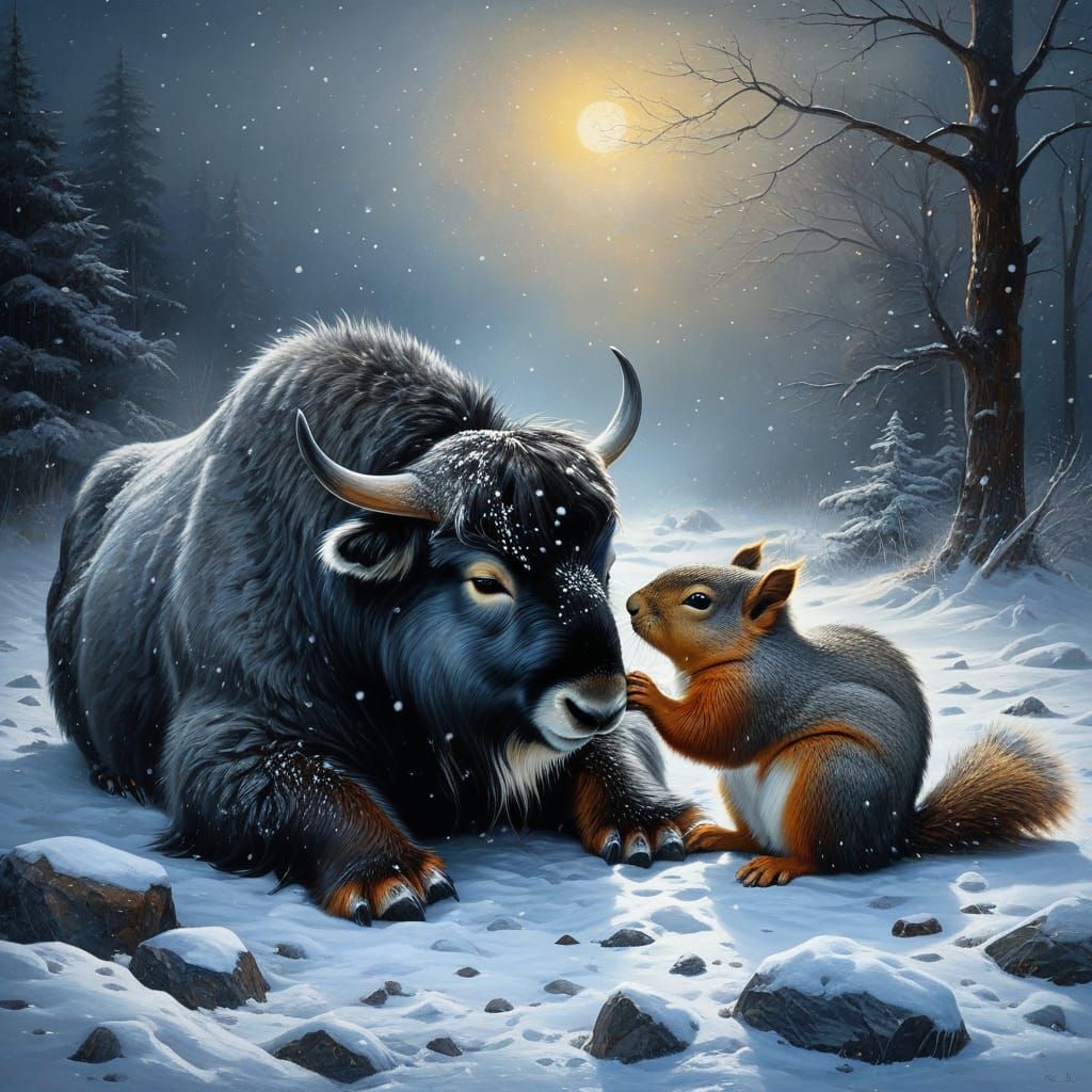 A big Yak and a baby Squirrel laying down cuddling in a bliz...