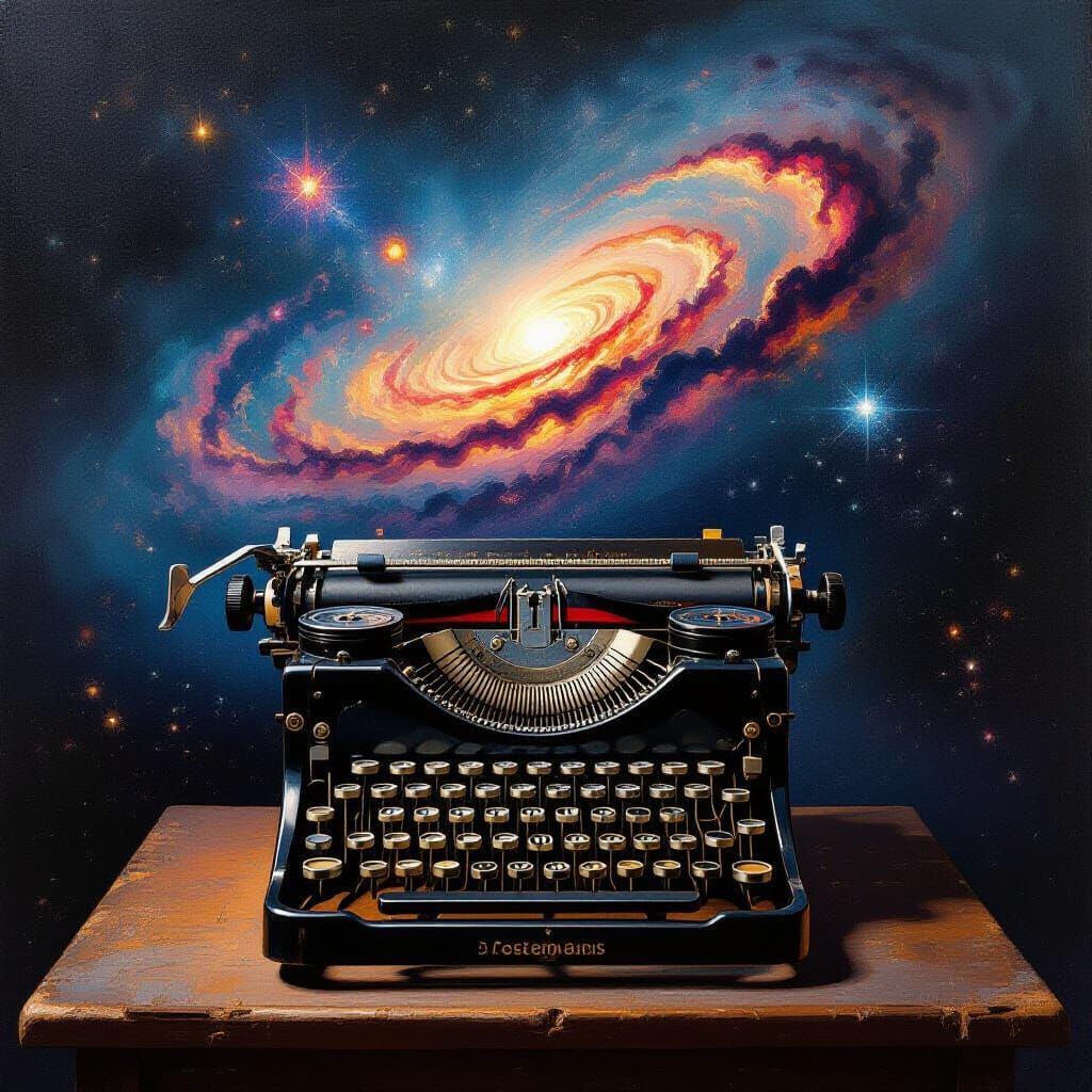 A solitary, antique typewriter sits on a dusty wooden desk, its keys slightly worn. Above it, a swirling ...  by @Sigas