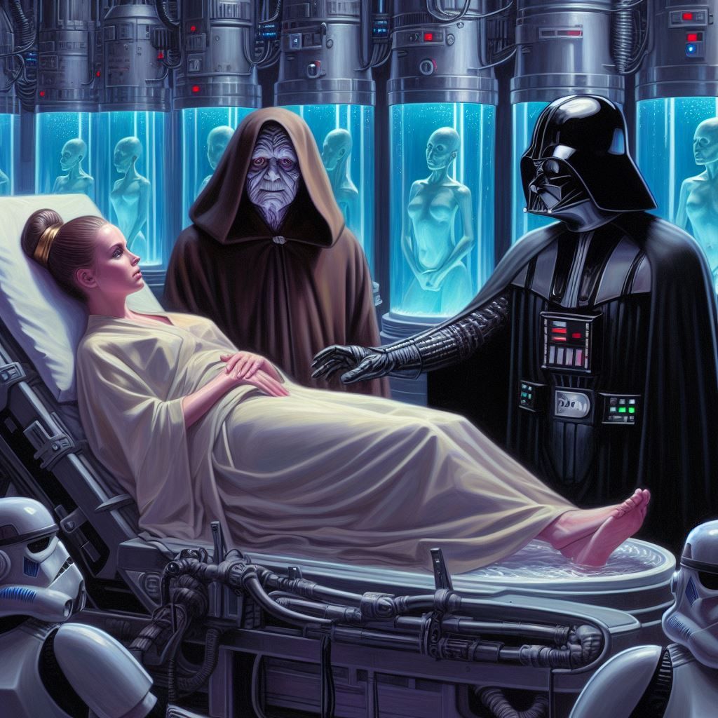 Emperor Palpatine and Darth Vader bring Padme out of the clo...