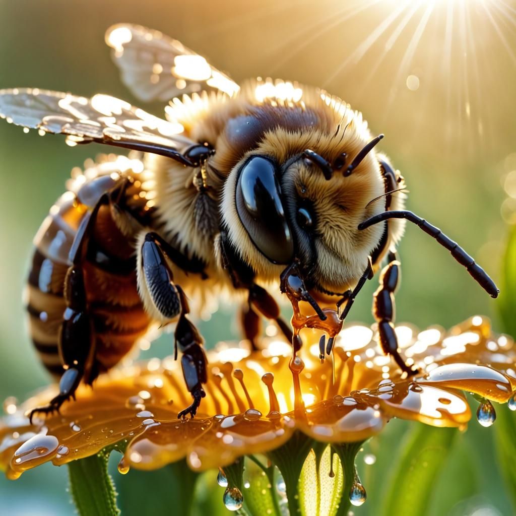 Close-up macro photography of a bee drinking honey. Dew drops reflect ...