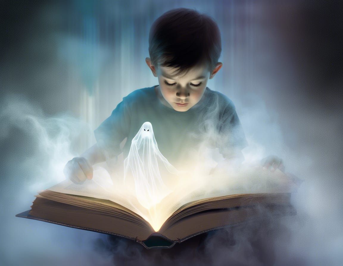 Double exposure. A wispy ghost  emerges from a book, placed over the silhouette of a five-year-old boy's ...  by @Steel Eyes 