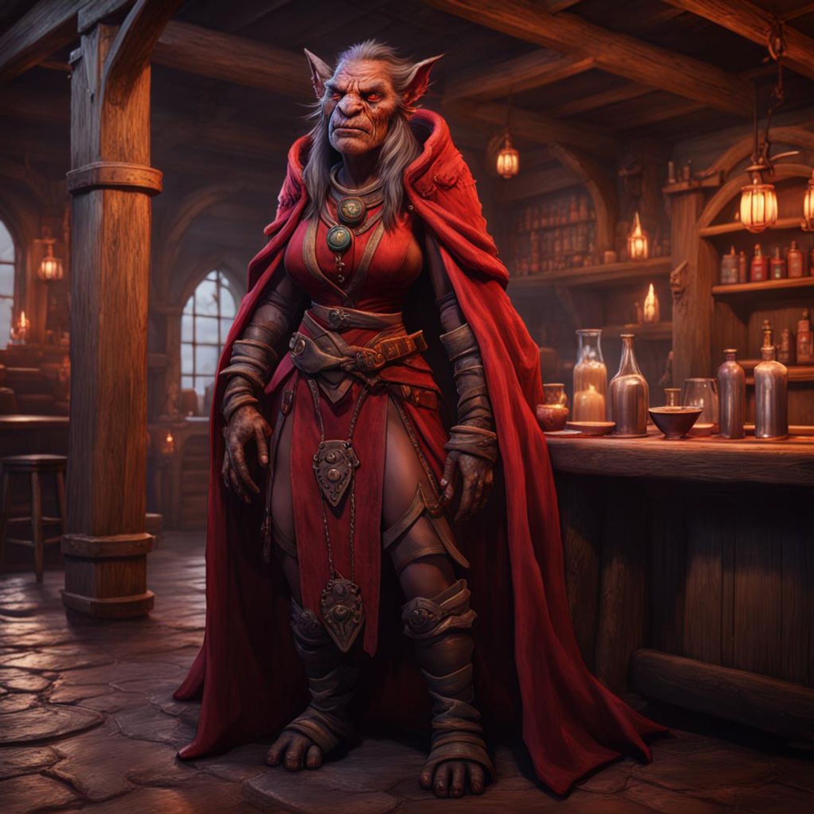 visually stunning female bugbear warlock wearing crimson robes and ...