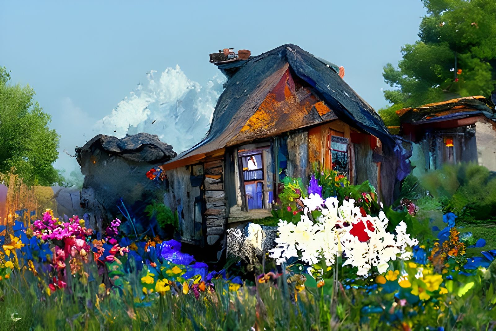 a cottage surrounded by wildflowers watercolor painting by f...
