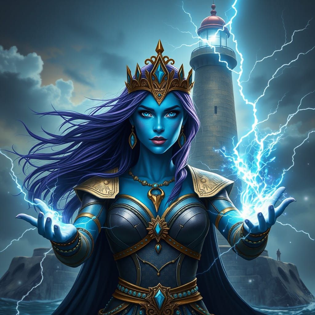 Blue skinned female Tritan with medium purple hair and a golden coronet. Aqua colored eyes. Lightening magic coming from...