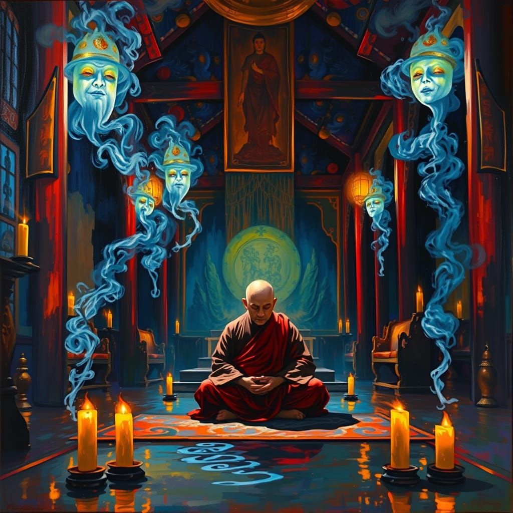 Monk Meditating in Candlelit Temple with Spectral Figures