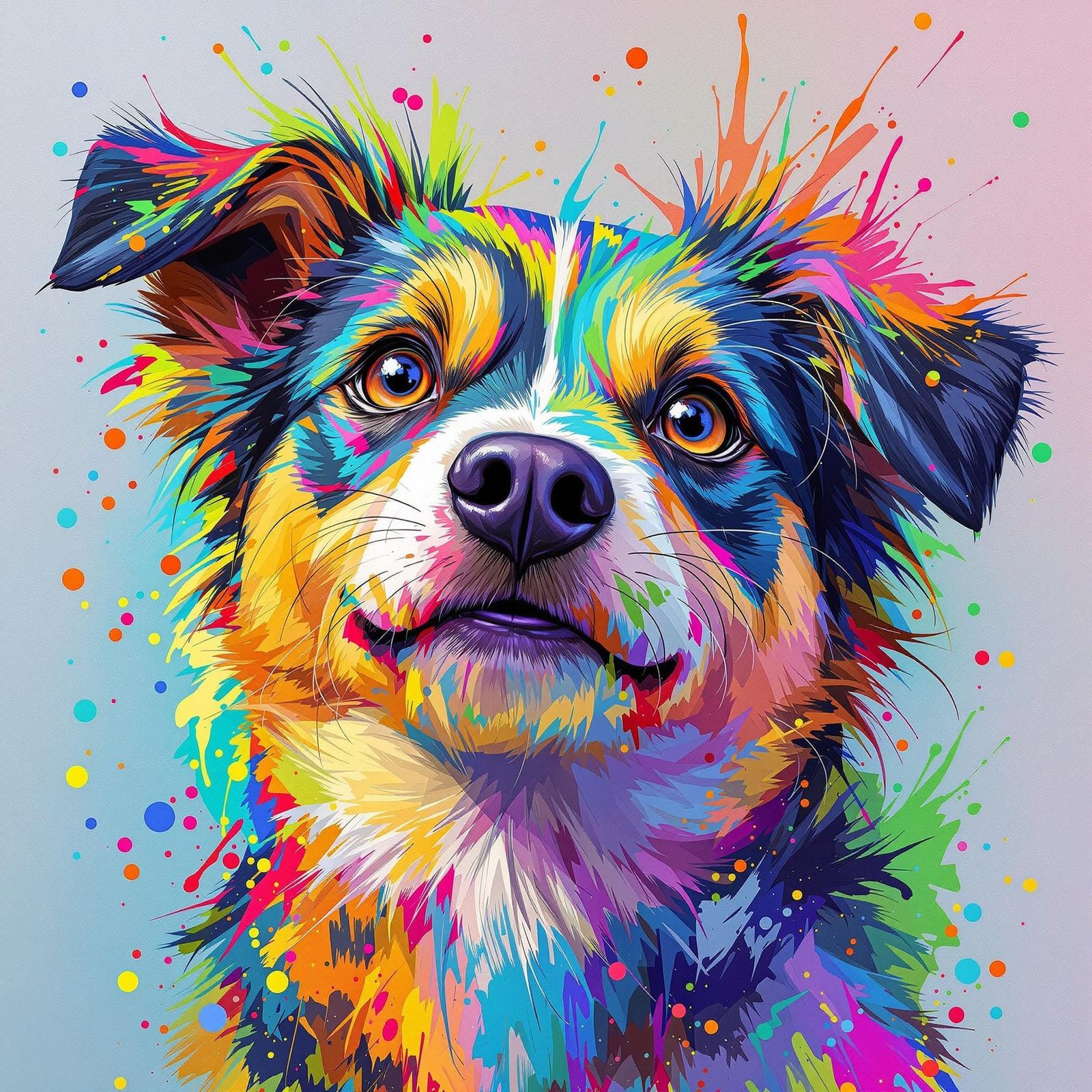 A whimsical, color-rich portrait of a playful dog in a bold, artistic style. Emphasize the dog's lively ...  by @Fausto Santos
