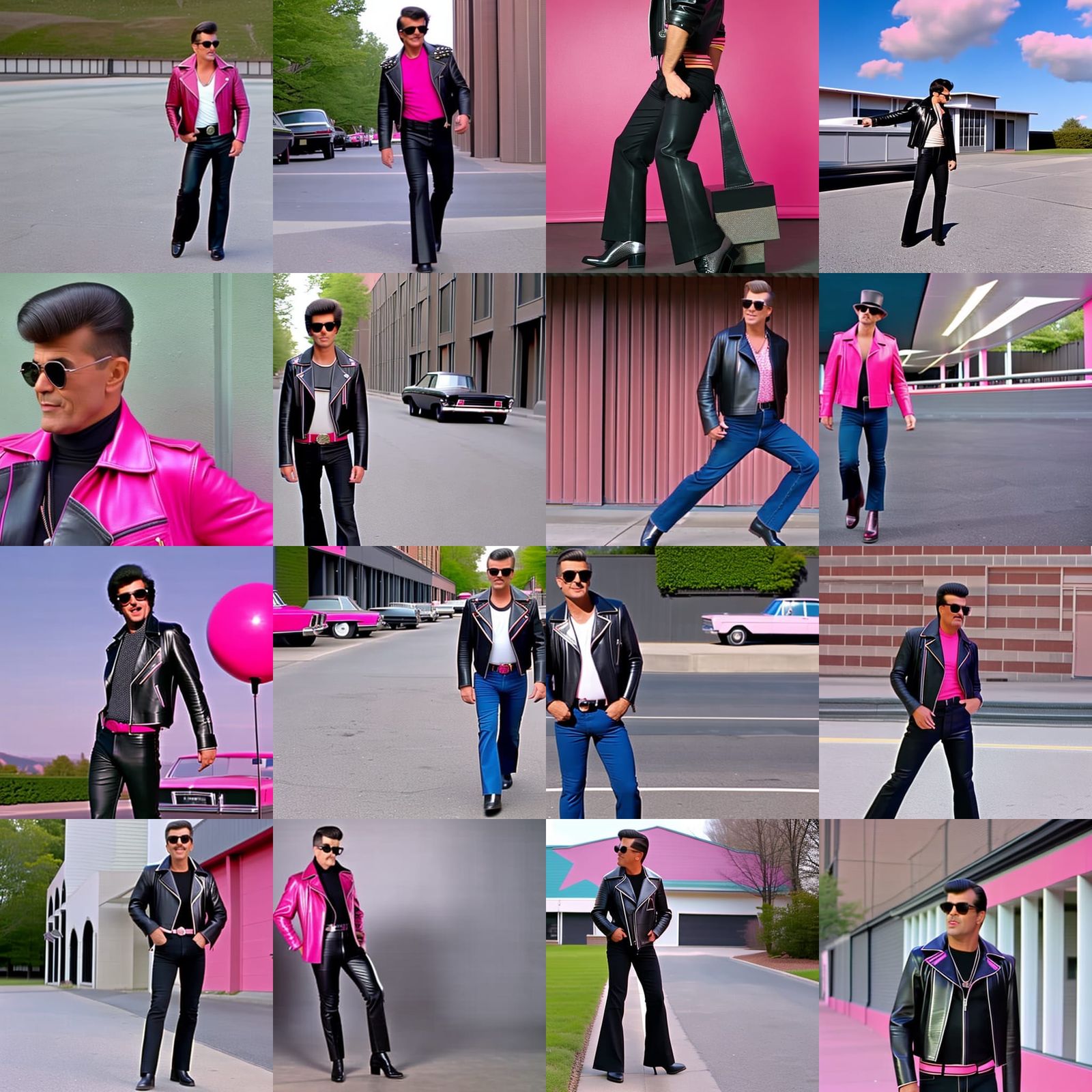 1950s Greaser man wearing a black leather jacket and vibrant pink shirt