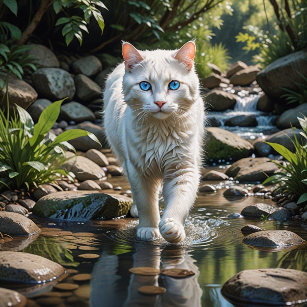 White Cat with Blue Eyes in Stream