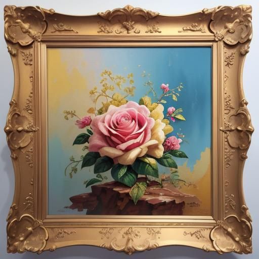 צבע ורד על רקע שילוב זהב וכסף עבים בהיר בתוך תמונה על השידה האדומה בשילוב פרחים זהב מט מפורט יותר עם פנינים לבנים וצהובי...