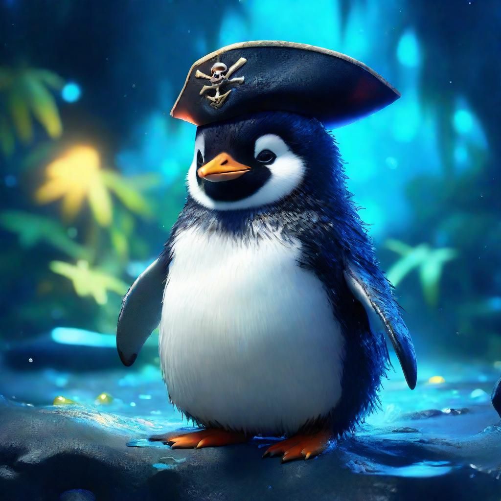 adorable cute baby pirate penguin pirate on bioluminescent blue navy ...