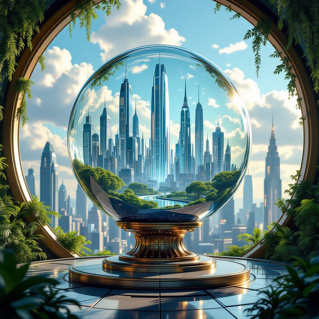 Futuristic City in Glass Orb, Photorealistic Style