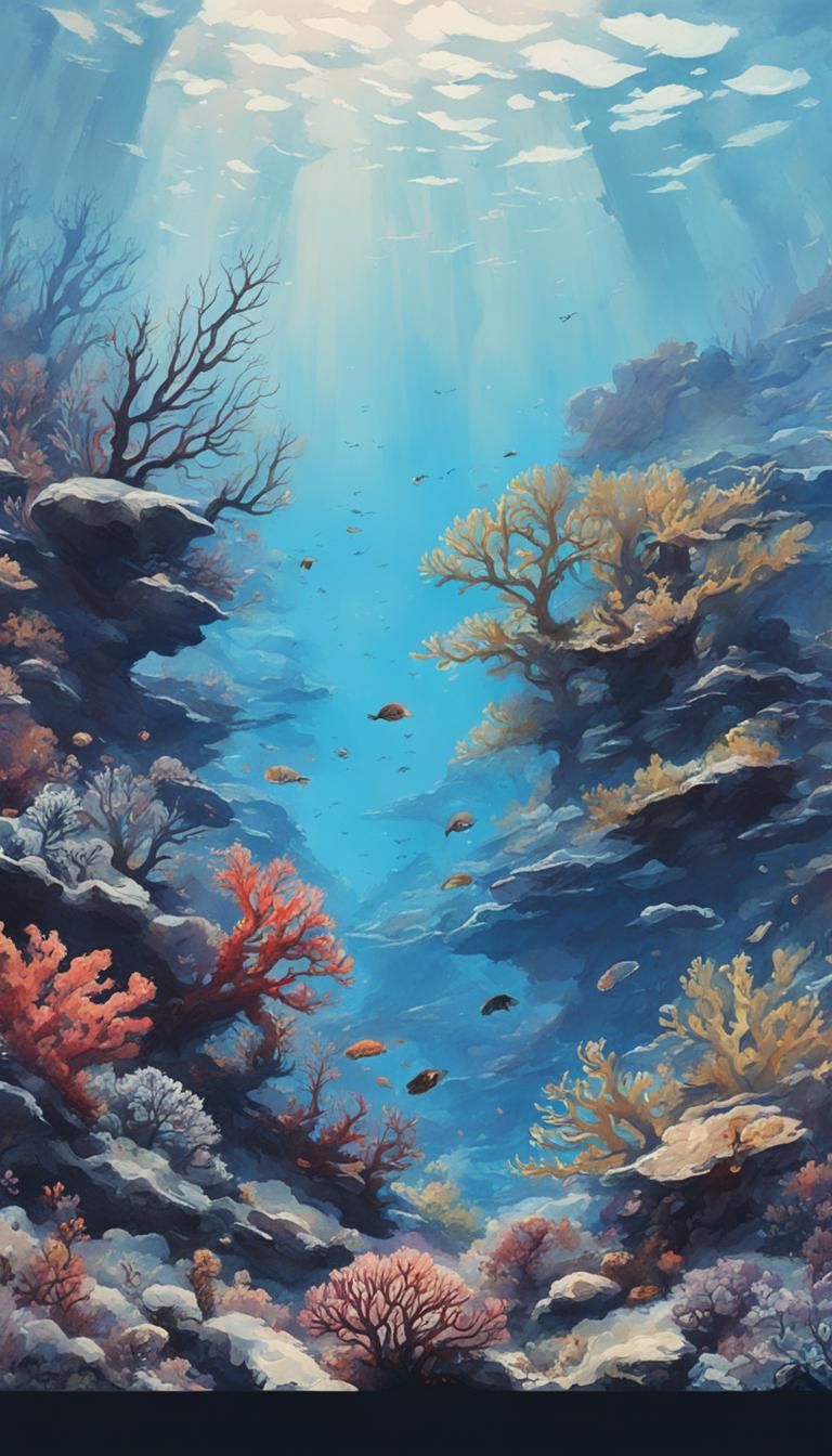Coral Reef Watercolor Painting with Natural Lighting
