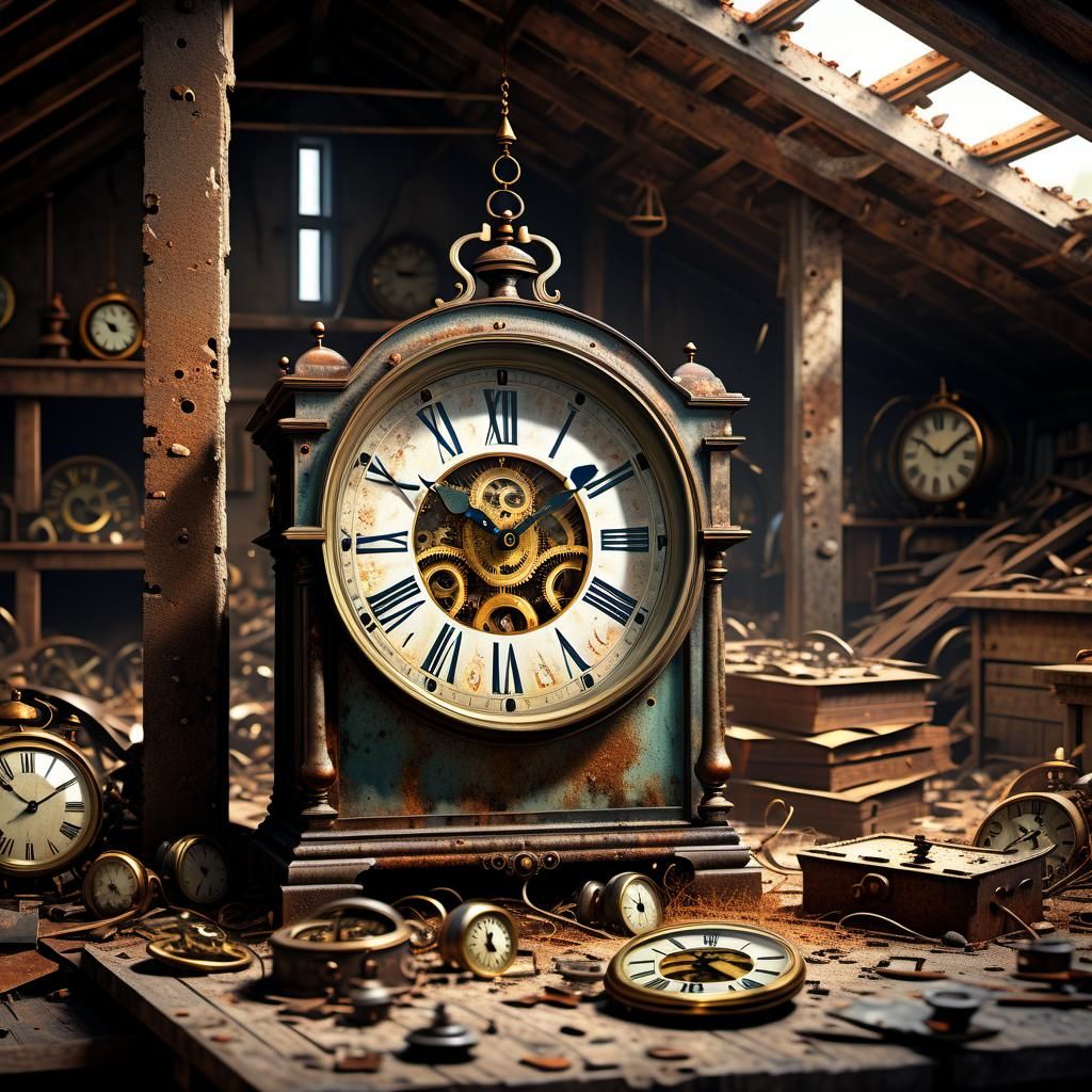 An very old  rusty vintage clock lying in an old cluttered d...