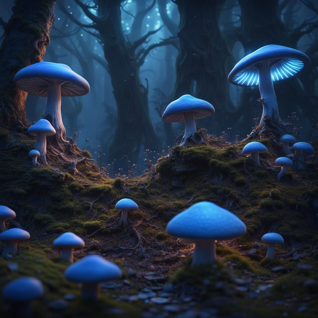 blue mushroom forest at night with as pixie - AI Generated Artwork ...