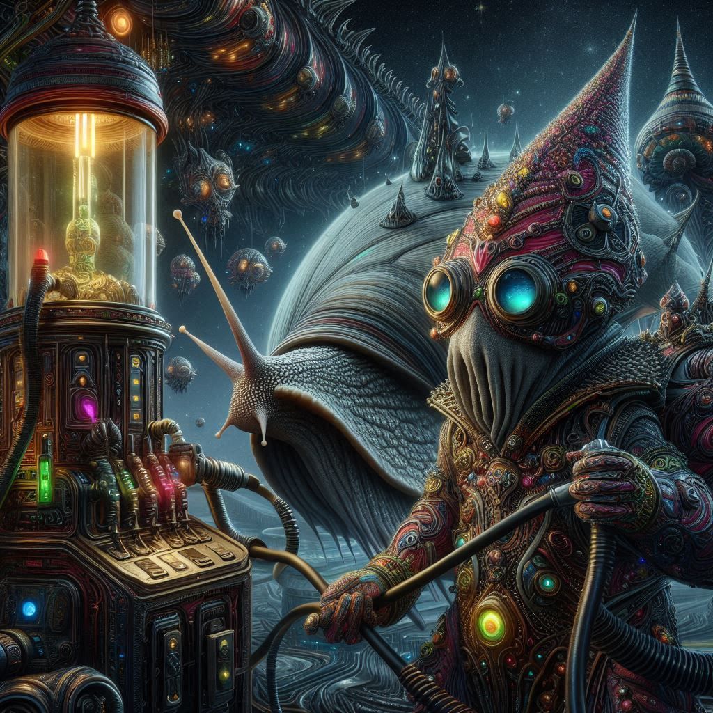 DMT machine gnomes servicing space-snail at alien service station.