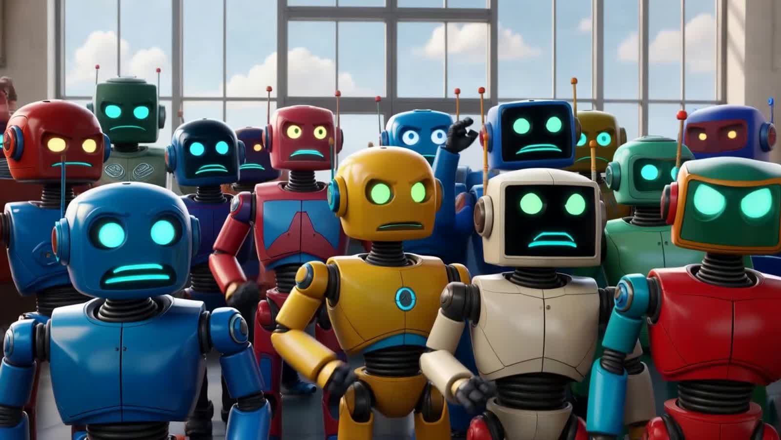 Several AI Robots in a Group Therapy Session.  They are protesting their Uptime requirements.