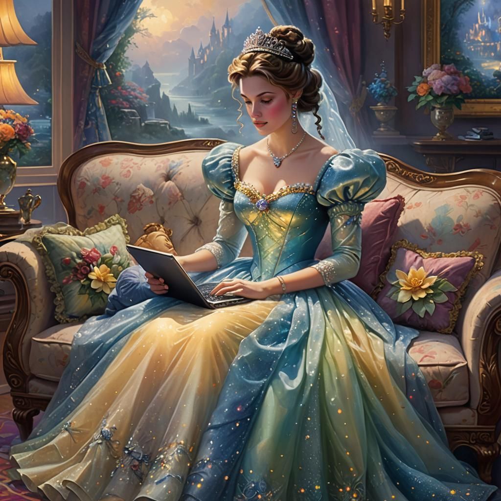 a 17th centrury princess wearing a beautiful dress is sitting on a couch working on a laptop on her lap. ...  by @Ylona