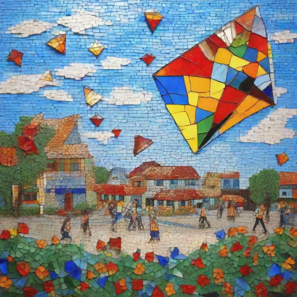 Kite Flying in Village Mosaic - AI Generated Artwork - NightCafe Creator