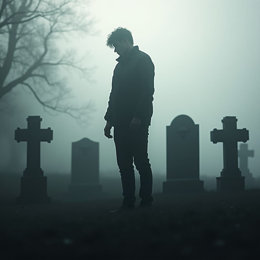 Melancholic Silhouette in Cyberpunk Graveyard