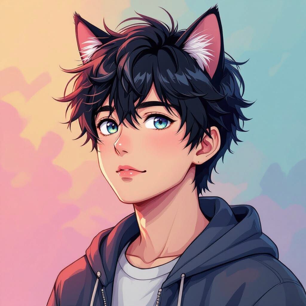 Anime-Inspired Feline Man with Rough Pastel Textures