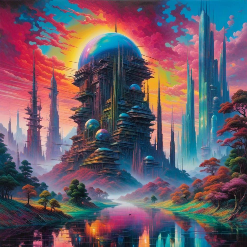 Today <lora:RDWave:1.0> , iridescent colors, elaborate sci-fi synthwave retrofuturism, oil painting