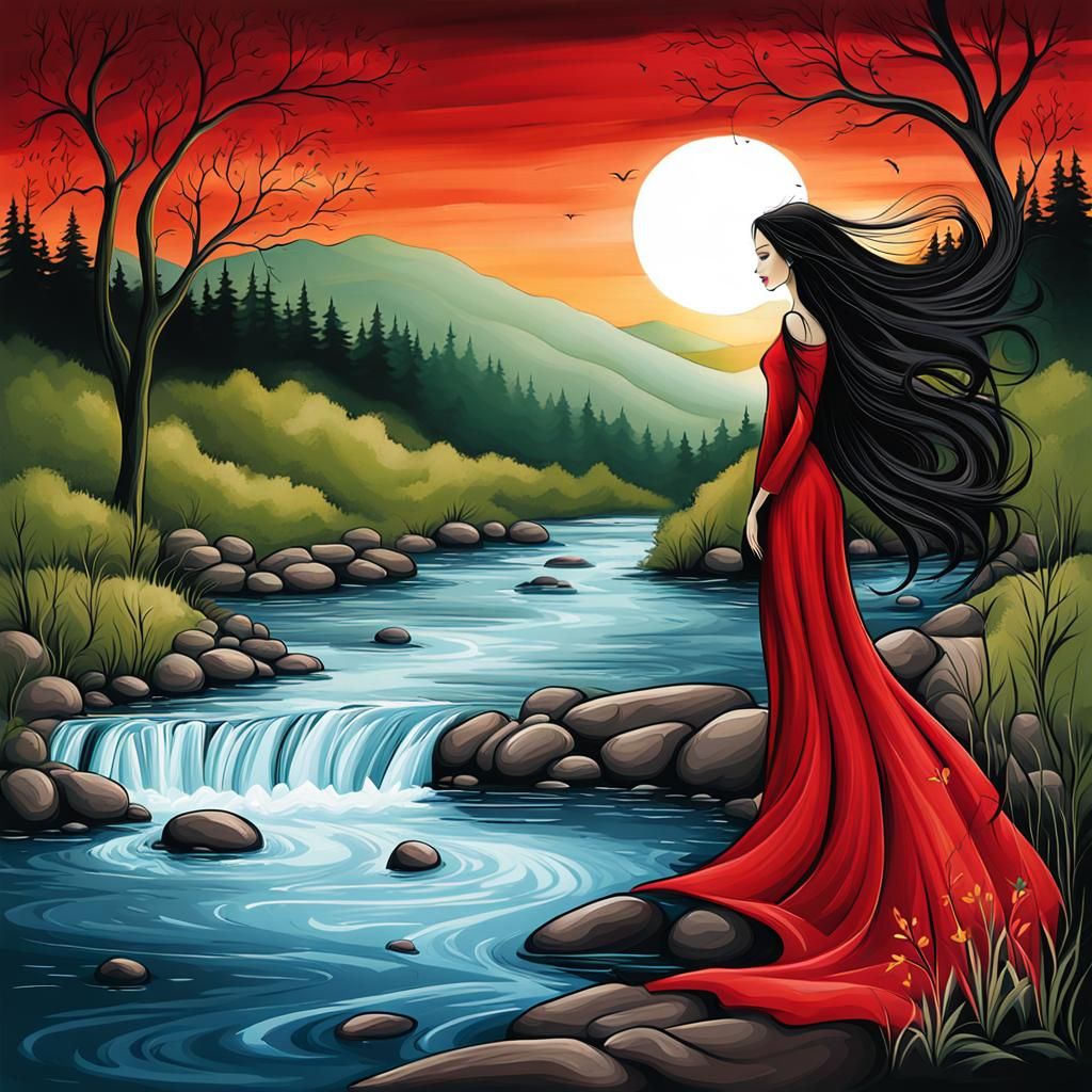 Beautiful young woman at the riverbank. Long dark hair. Red ...