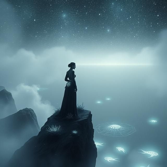 A lone figure, adorned in avant-garde fashion crafted from b...