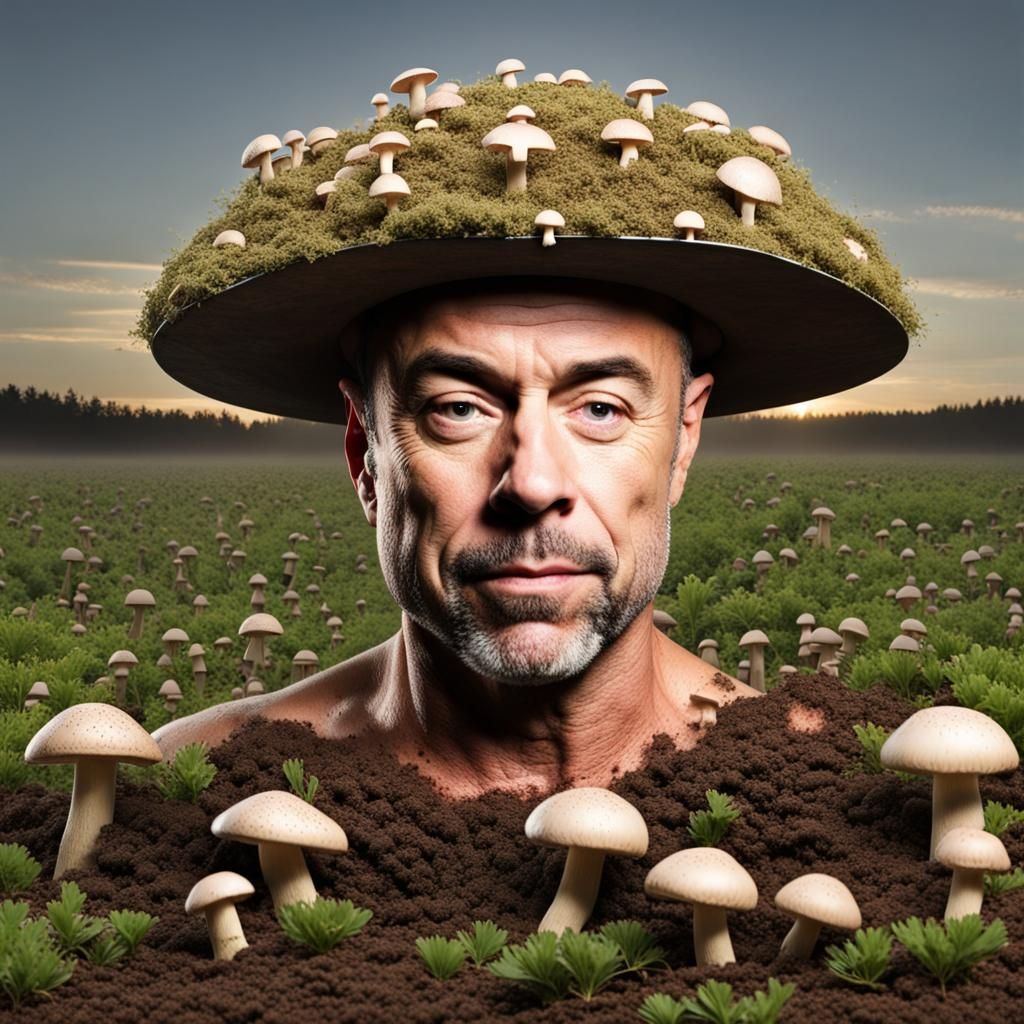 A chia pot head of Joe Rogan as a chia pot head in a field of mushrooms