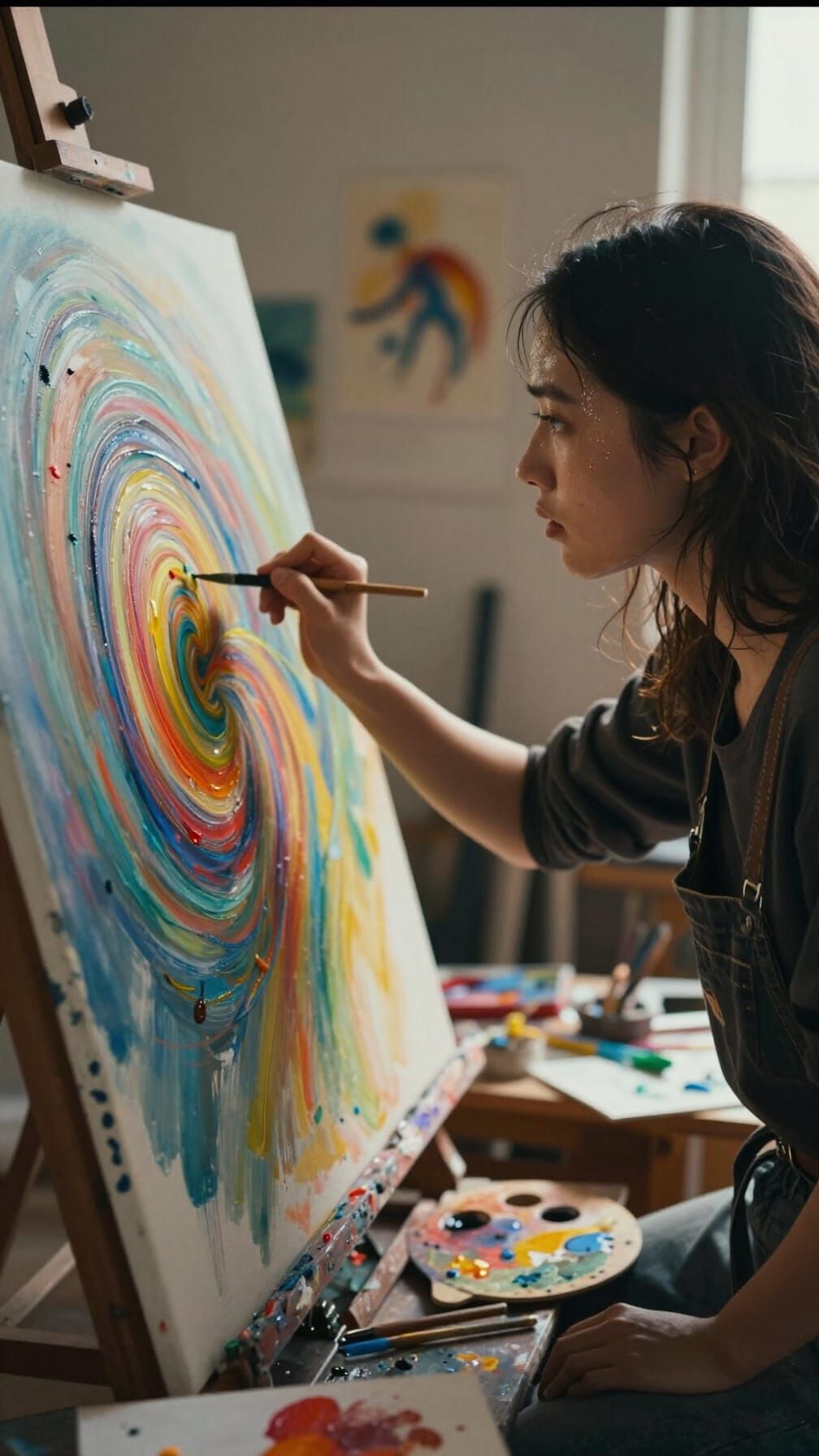 Artist Painting Abstract Canvas in Sunlit Studio