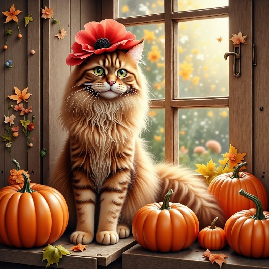 <lora:Langhaarige Katzen:1.0> at a ancient farmers house pn the windowsill between pumpkins, sitting a cute Longhaired Cat dressed with a gl...