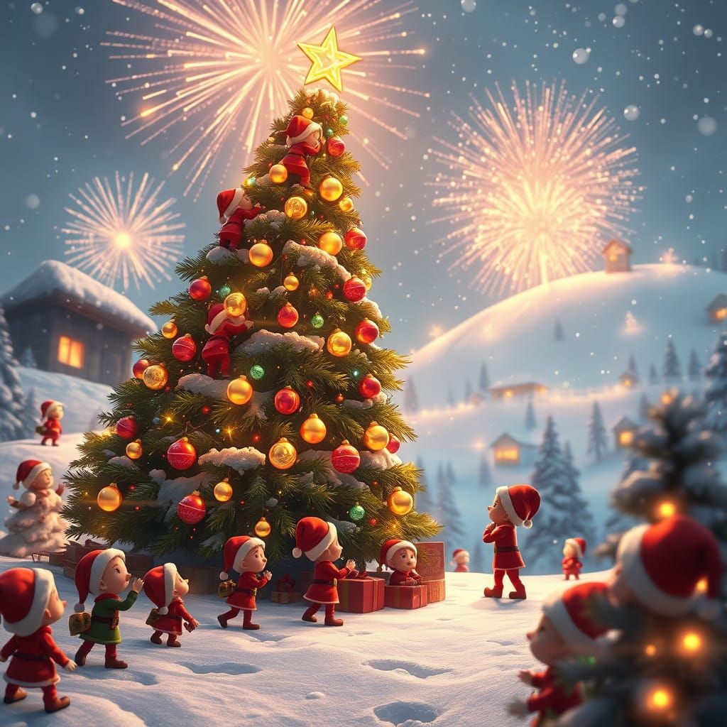 Joyful Christmas Elves Decorating a Tree in a Winter Wonderl...