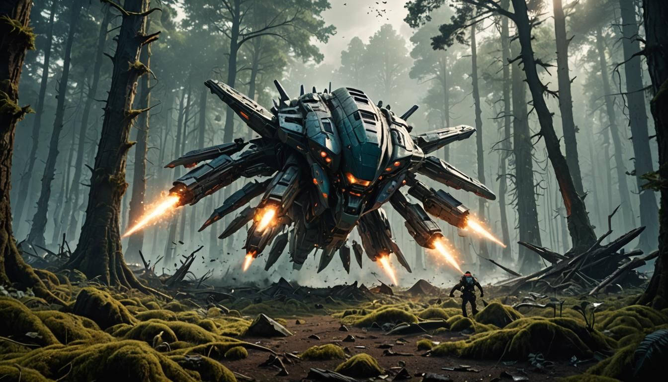 Sci-Fi Spaceship Crash in Alien Forest