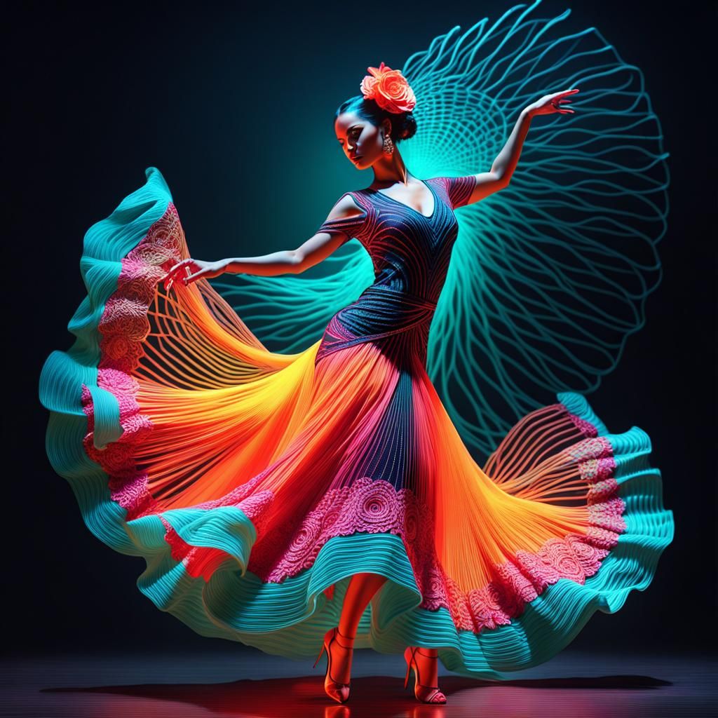 3D mesh array textured organic material forming a zoomed out lifelike flamenco dancer, neon colors, abstract ...  by @George Stanley