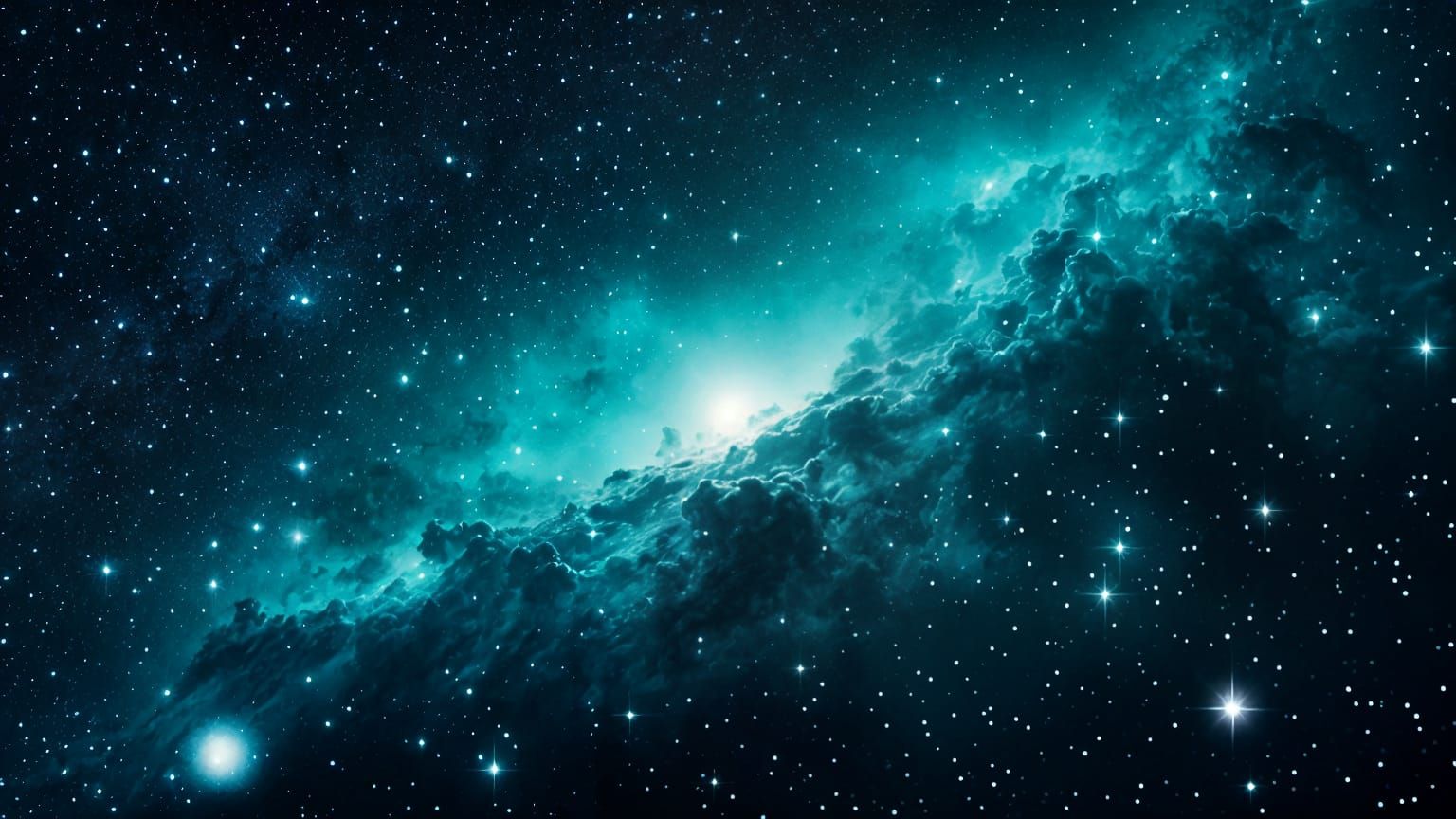 Deep in space where it is pitch black with millions of bright stars there is a turquoise nebula. Professional ...  by @Azulsky