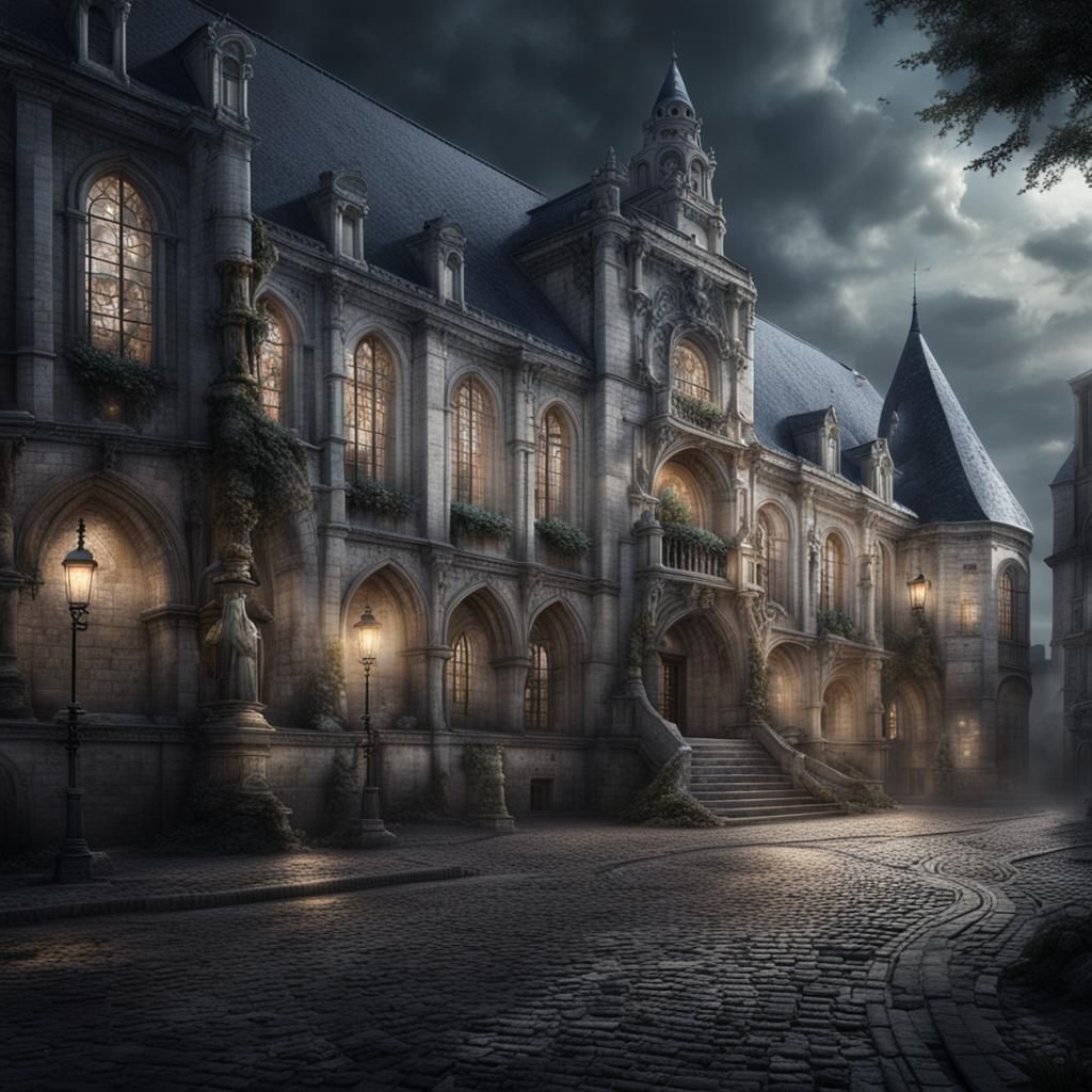 town hall in France, dark fantasy, white bricks, medieval, city