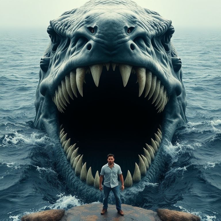 The bloop creature swimming behind a terrified human man near rleyh