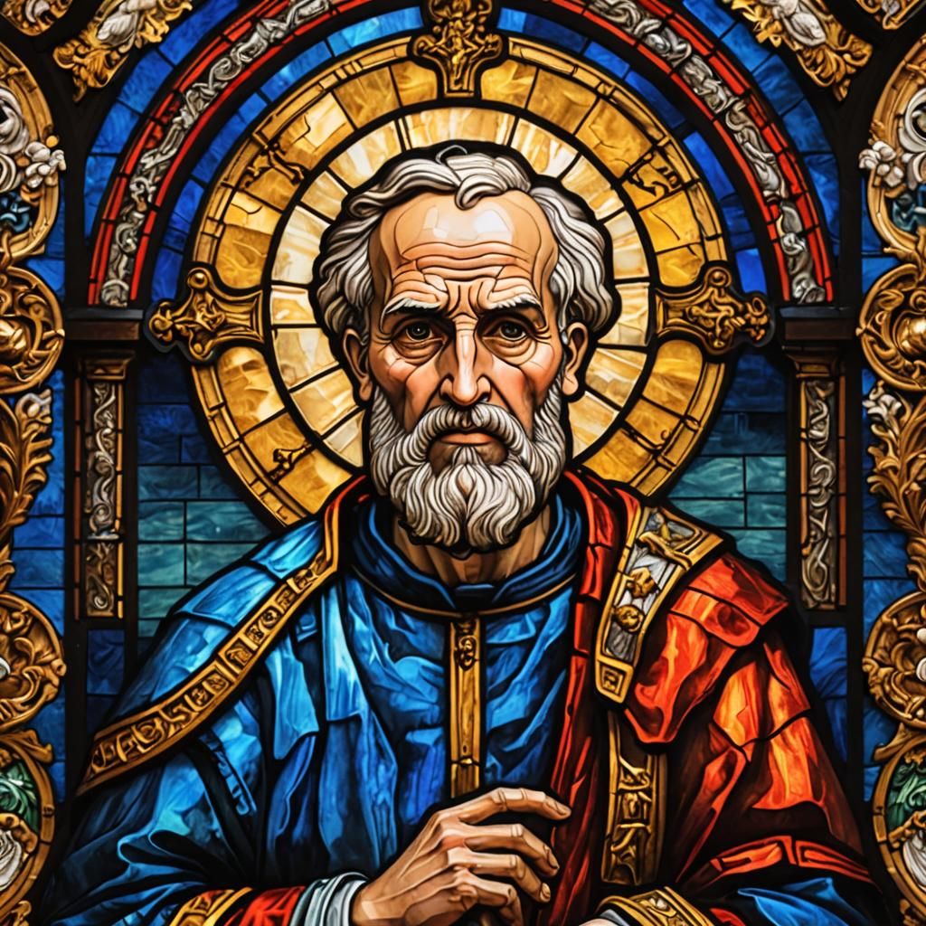 An impasto styled stained glass window of Saint Peter