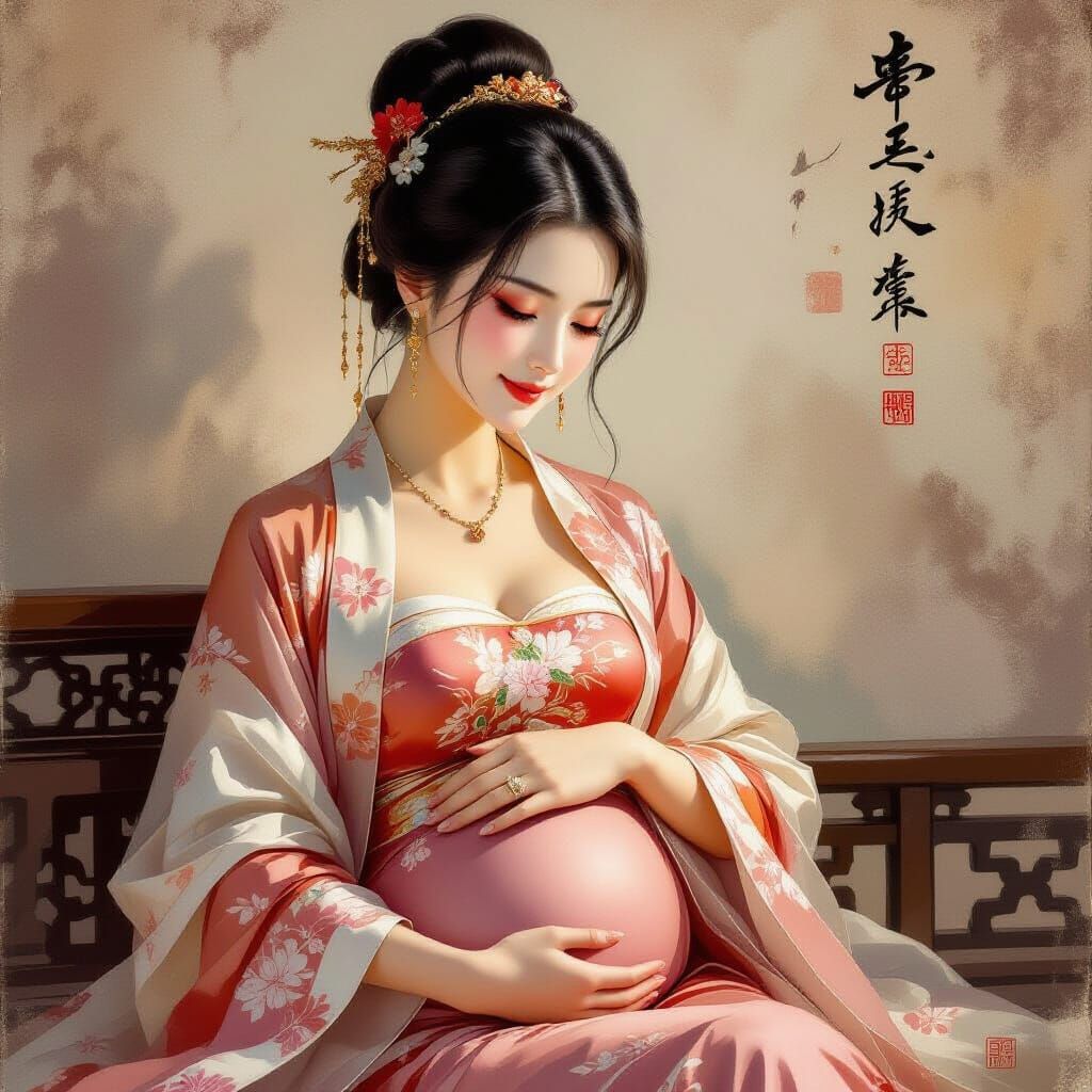 Pregnant Chinese Woman in Silk Gown, Photorealistic
