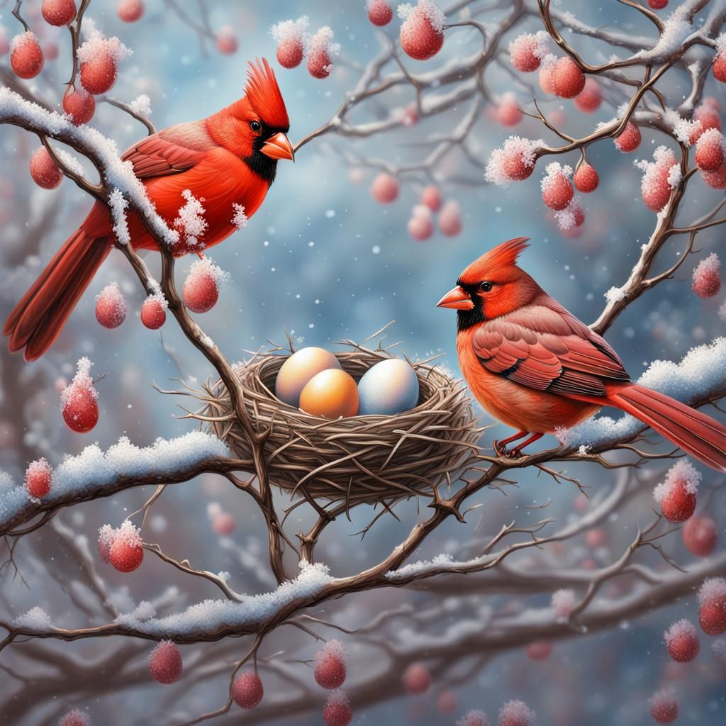 Cardinals with a Nest of Eggs in Early Spring  by @Moonlight Dawn