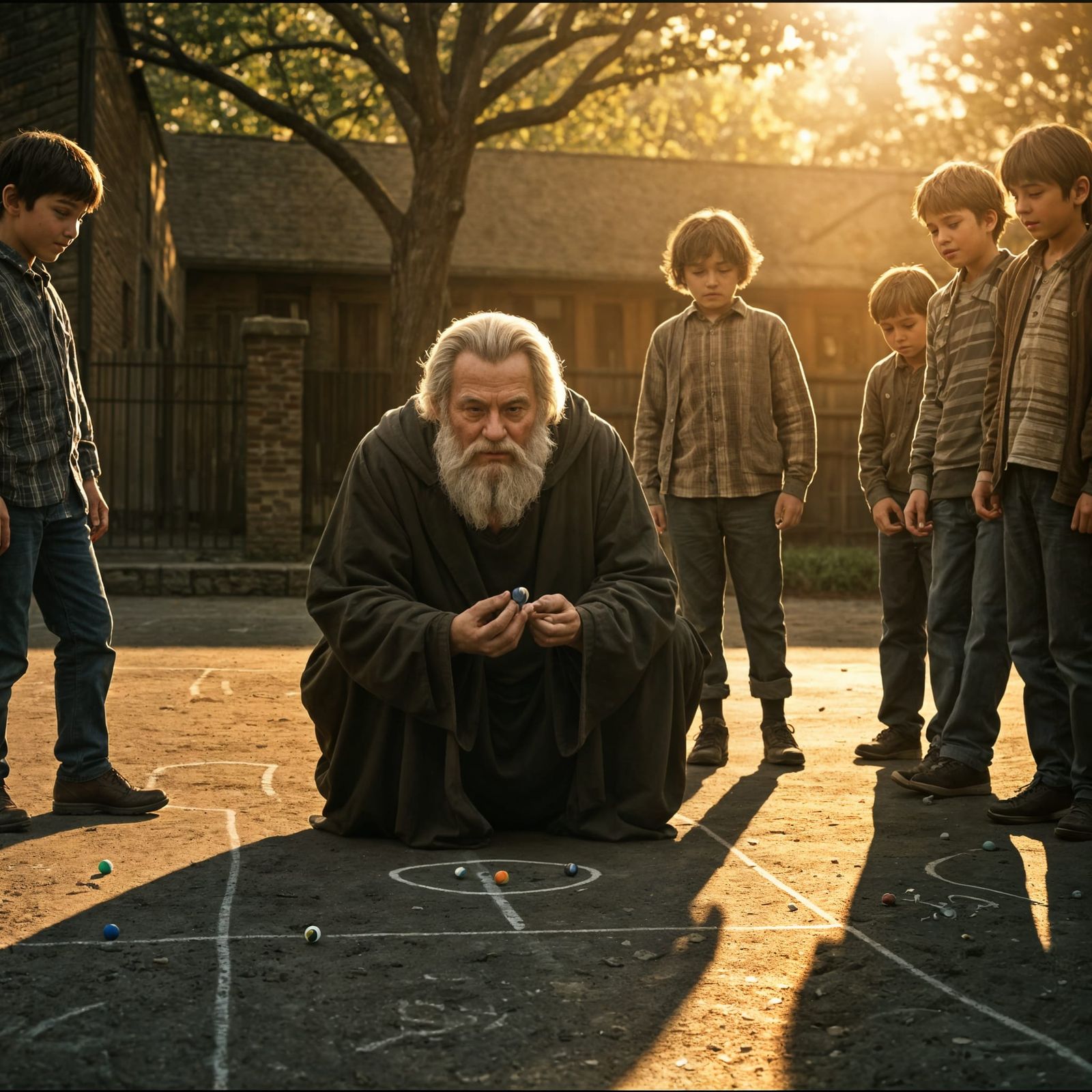 Father time playing a game of marbles with children in the school yard. Cinematic film still, shot on ...  by @Oddly Enough