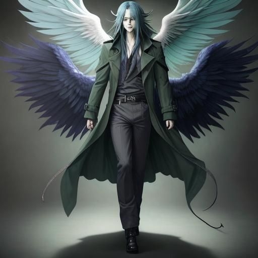 A long blue haired man who has one angel wing and one demon ...