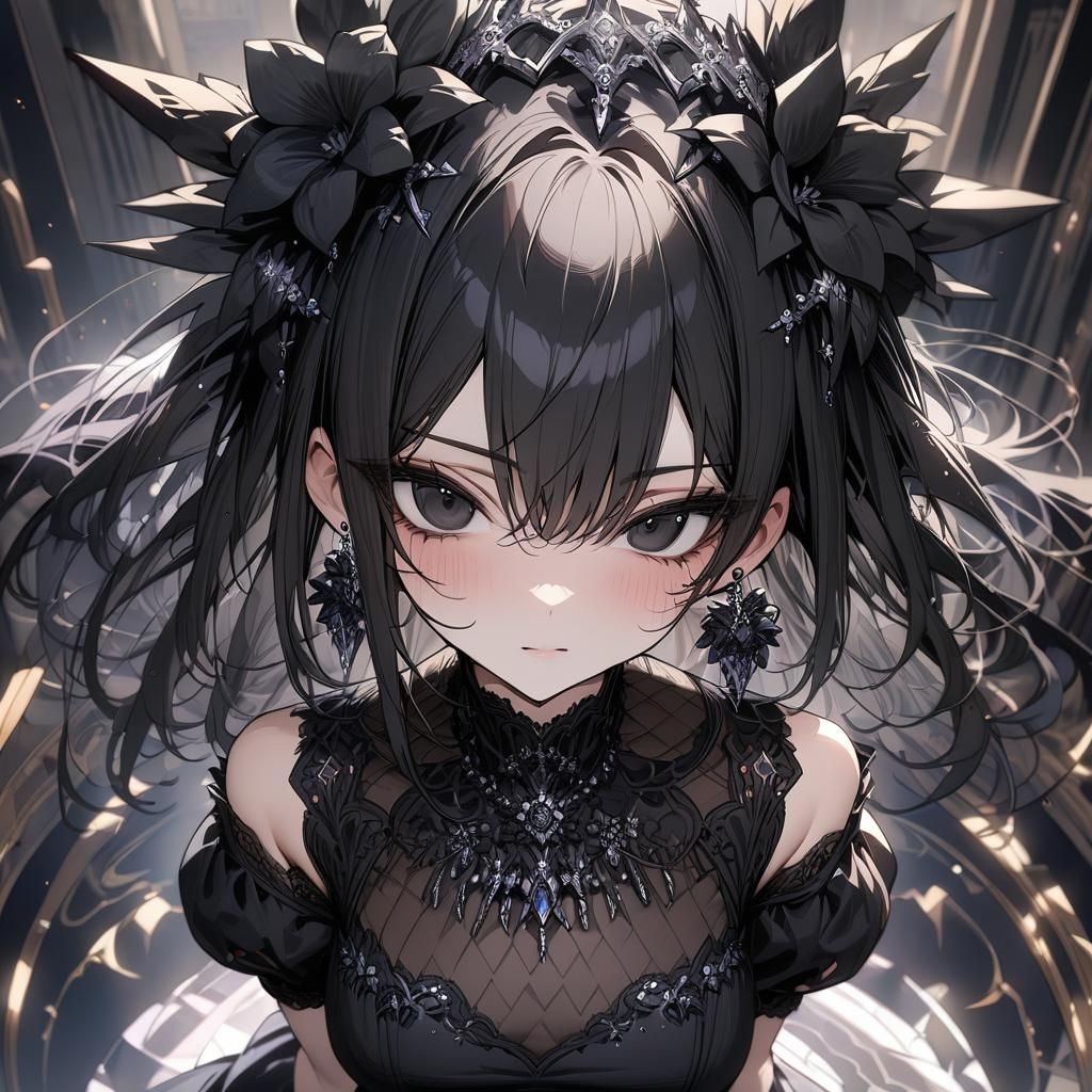 Anime Girl with Black Flower Crown and Earrings