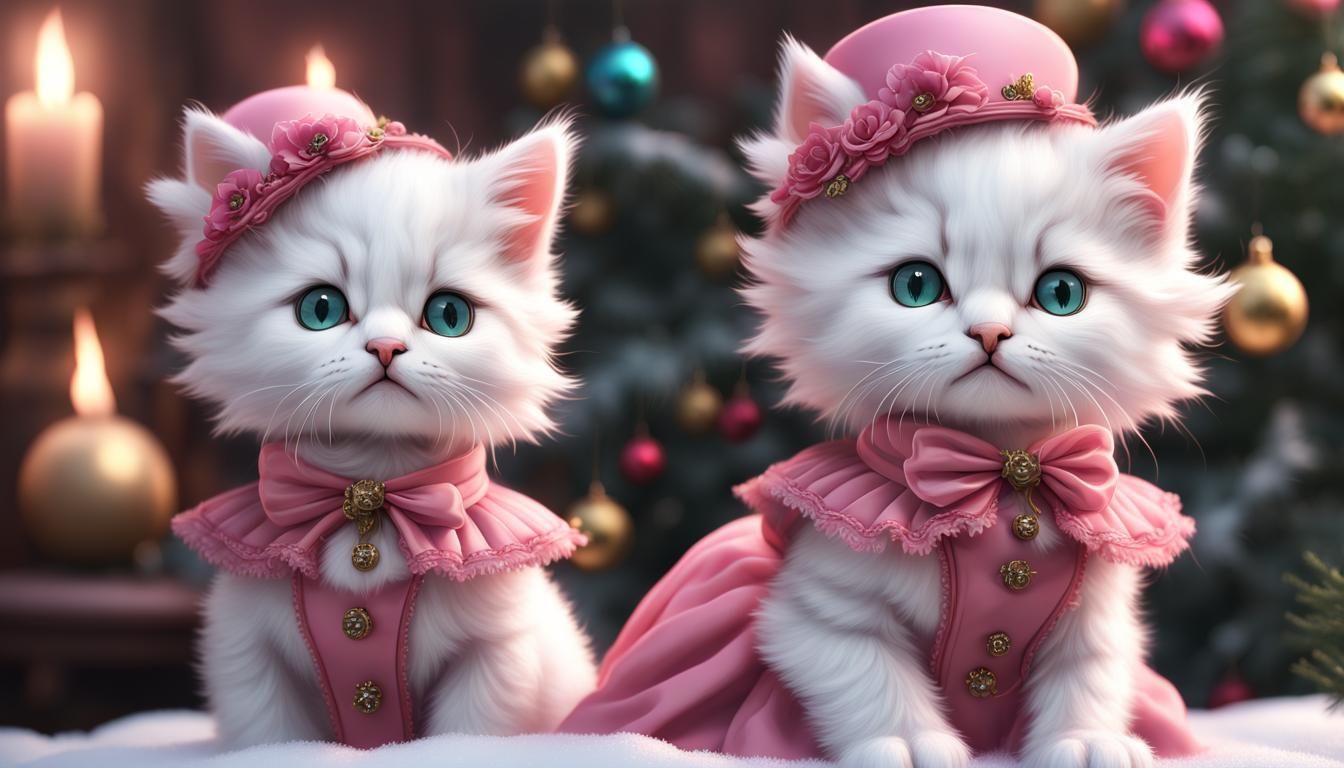 white flufffy kittens in pink victorian costume at christmas...