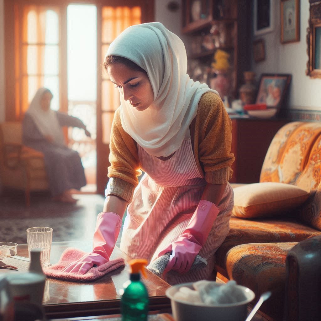 An Algerian domestic worker (aged 25) cleans the living room...